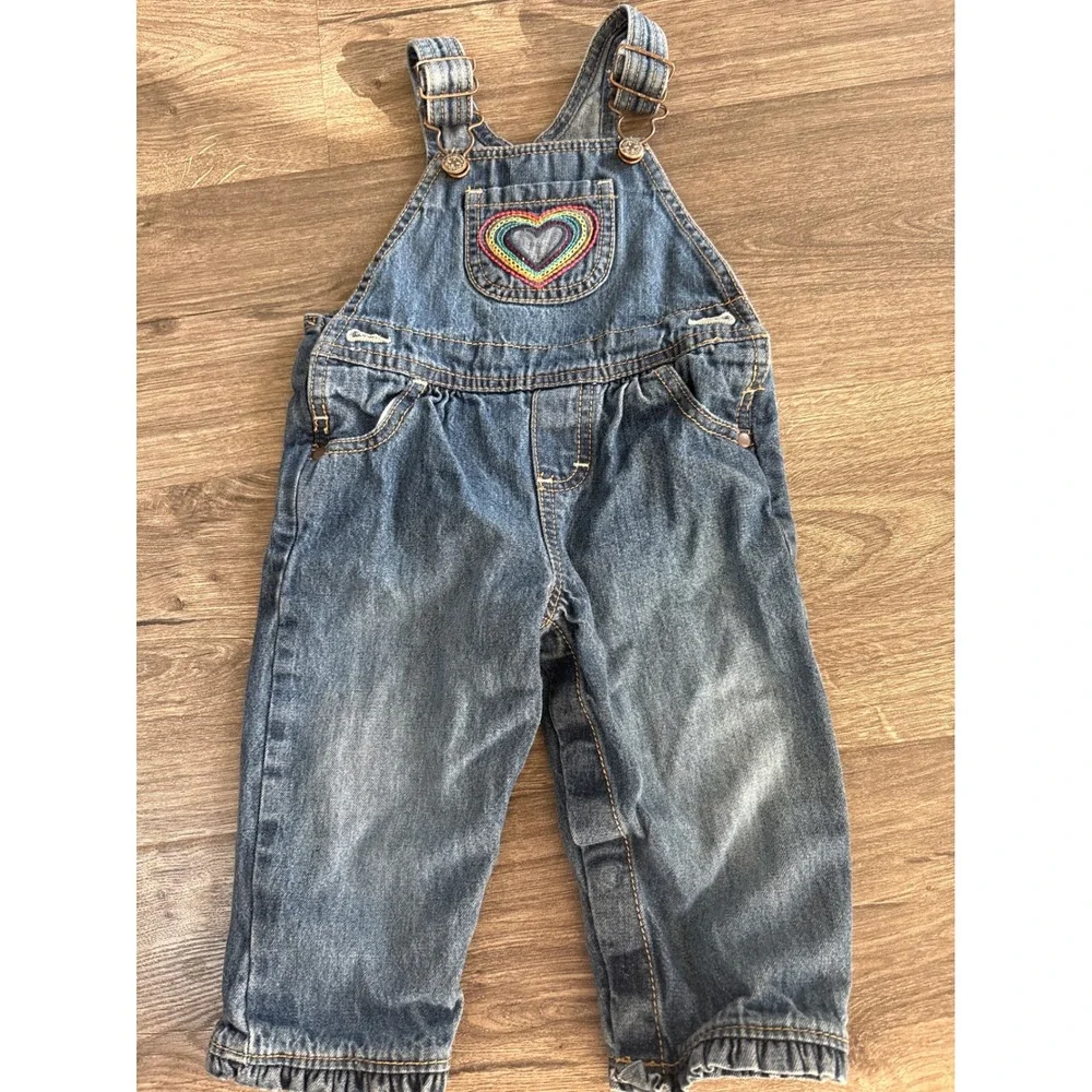 OshKosh B'gosh Baby Girls Blue Denim Rainbow Heart Overalls 12 Months 434-370